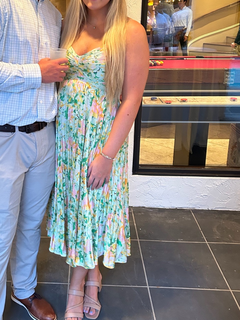 Astr Floral Pleated Midi Dress in Mint and Pastel Yellow